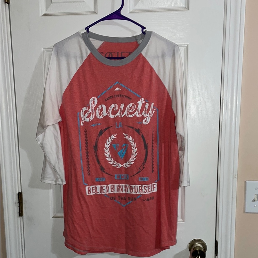 Coral orange red blue and White Graphic Raglan Shirt buckle society large men’s